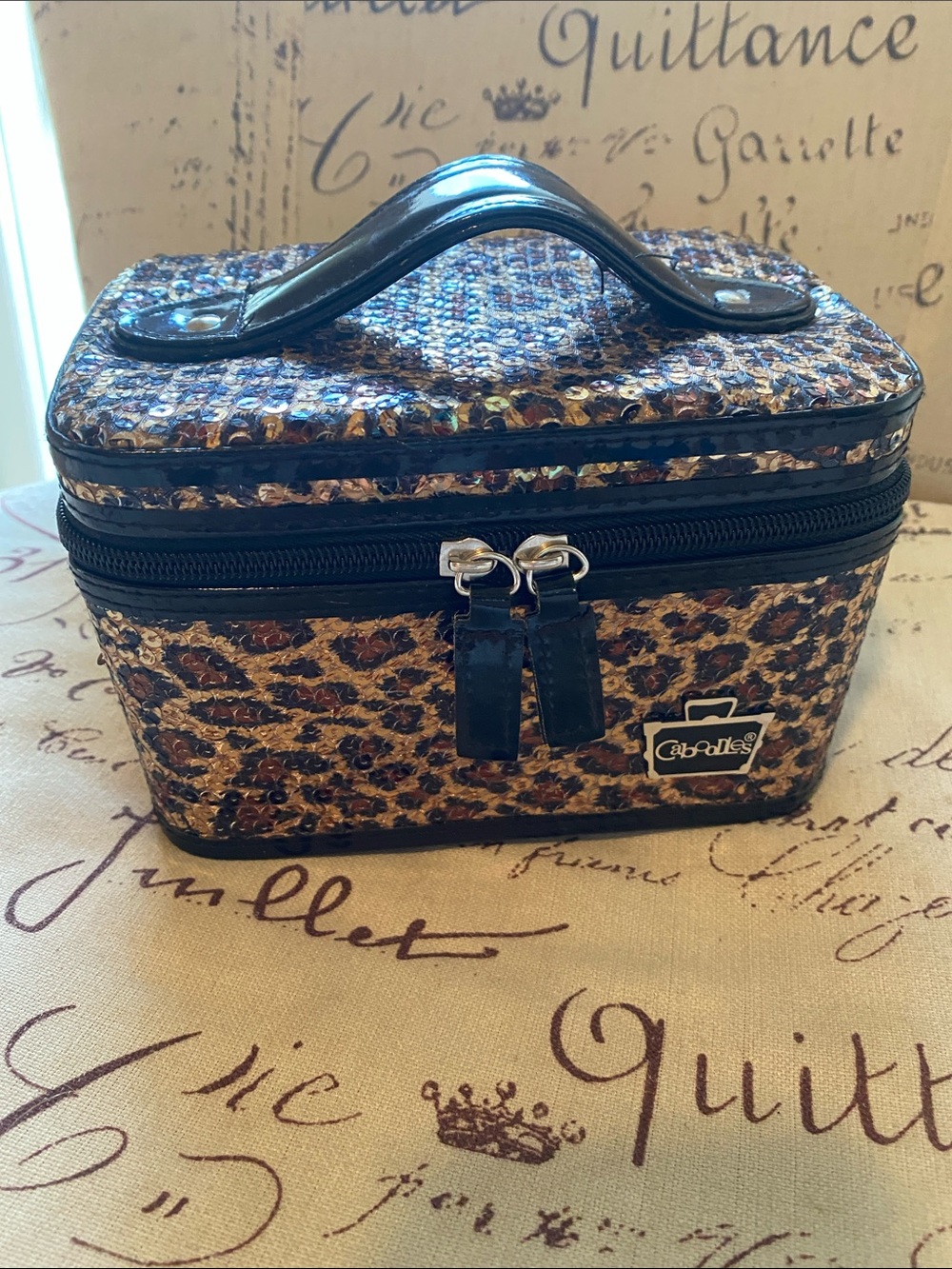 Caboodles Leopard Print Cosmetic Case in Brown and Black sequins